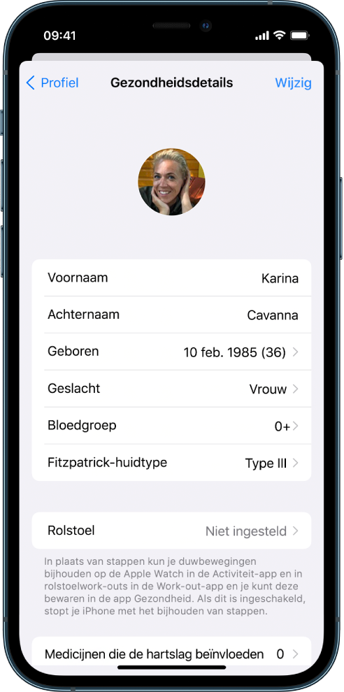 Het scherm 'Gezondheidsdetails' van een 36-jarige vrouw.