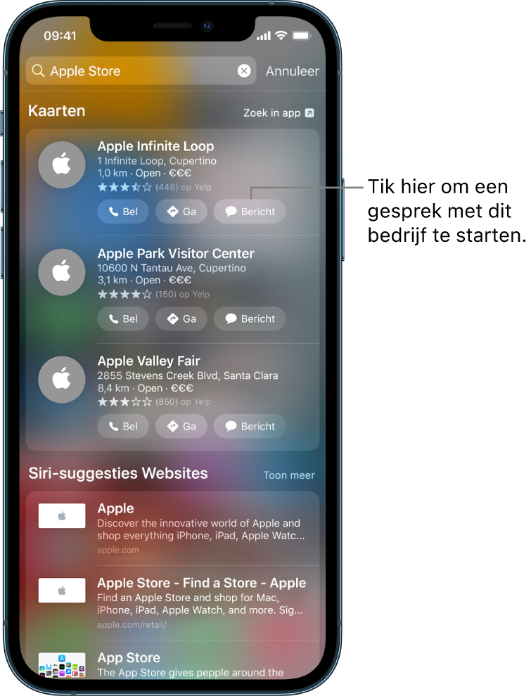 Het Zoek-scherm met gevonden onderdelen voor Kaarten. Bij elk resultaat staat een korte omschrijving, een beoordeling of een adres en bij elke website staat een URL. Naast de eerste drie resultaten staat een knop waarop je kunt tikken om een bedrijfschat met de Apple Store te starten.