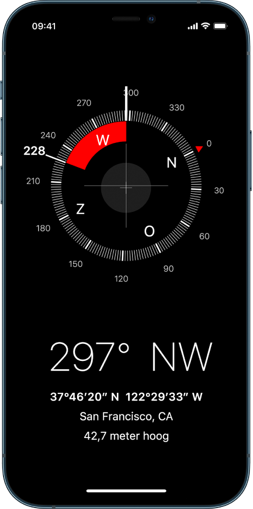 Het Kompas-scherm laat zien in welke richting de iPhone wijst en wat je huidige locatie en hoogte is.