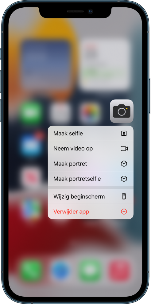 Het beginscherm is wazig en onder de Camera-app worden de snelmenutaken voor Camera weergegeven.