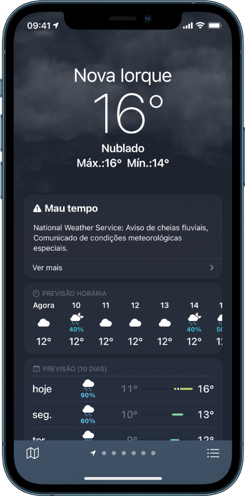 O ecrã da aplicação Meteorologia mostra a localização na parte superior, a temperatura atual e o estado do tempo, que é Chuva. Por baixo está um gráfico a mostrar o nível de precipitação para a próxima hora em incrementos de 10 minutos. Por baixo está a previsão horária e um mapa de precipitação. No canto inferior direito está o botão Lista de localizações e, no canto inferior esquerdo, está o botão Mostrar mapa.