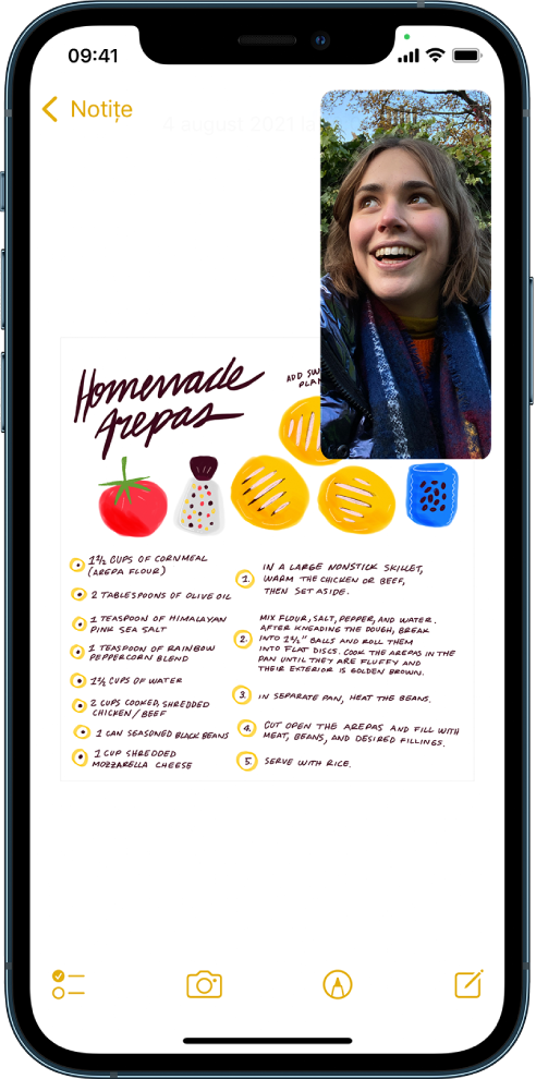 Un ecran afișând o conversație FaceTime în curs, în timp ce aplicația Notițe umple restul ecranului.