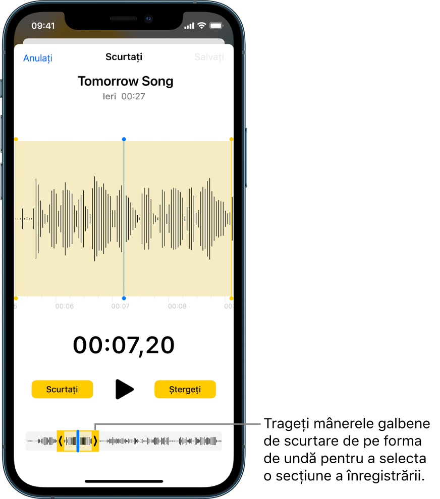 O înregistrare în curs de scurtare, cu mânerele galbene de scurtare încadrând o porțiune a formei de undă audio în partea de jos a ecranului. Butonul Redați și temporizatorul de înregistrare apar deasupra formei de undă. Mânerele de scurtare se află sub butonul Redați. De o parte și de alta a butonului Redare se află butonul Scurtați pentru ștergerea părții de înregistrare aflată în afara mânerelor și butonul Ștergeți pentru ștergerea părții de înregistrare aflată în interiorul mânerelor.