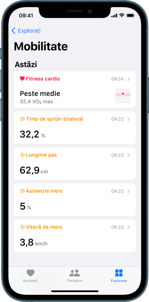 Categoria Mobilitate cu date despre nivelul de fitness cardio, timpul de sprijin bilateral, lungimea pasului, asimetria mersului și viteza de mers.