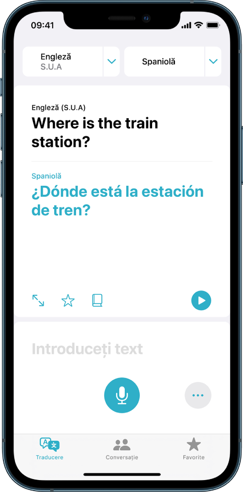 Fila Traducere, afișând în partea de sus două selectoare de limbi (engleză și spaniolă), o traducere în centru și câmpul Introduceți text spre partea de jos.