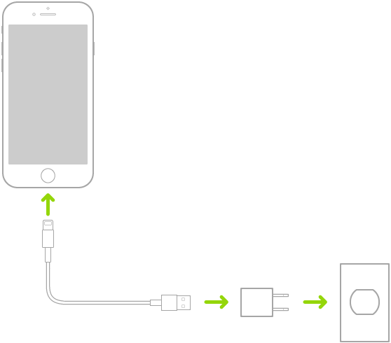 iPhone được kết nối với bộ tiếp hợp nguồn được cắm vào ổ cắm nguồn.