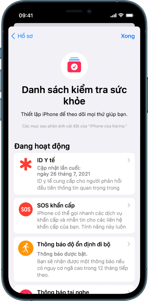 Màn hình Danh sách kiểm tra sức khỏe đang cho biết rằng ID y tế và SOS khẩn cấp đang hoạt động.
