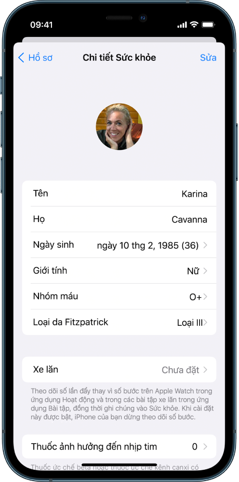 Màn hình Chi tiết Sức khỏe cho một phụ nữ 36 tuổi.