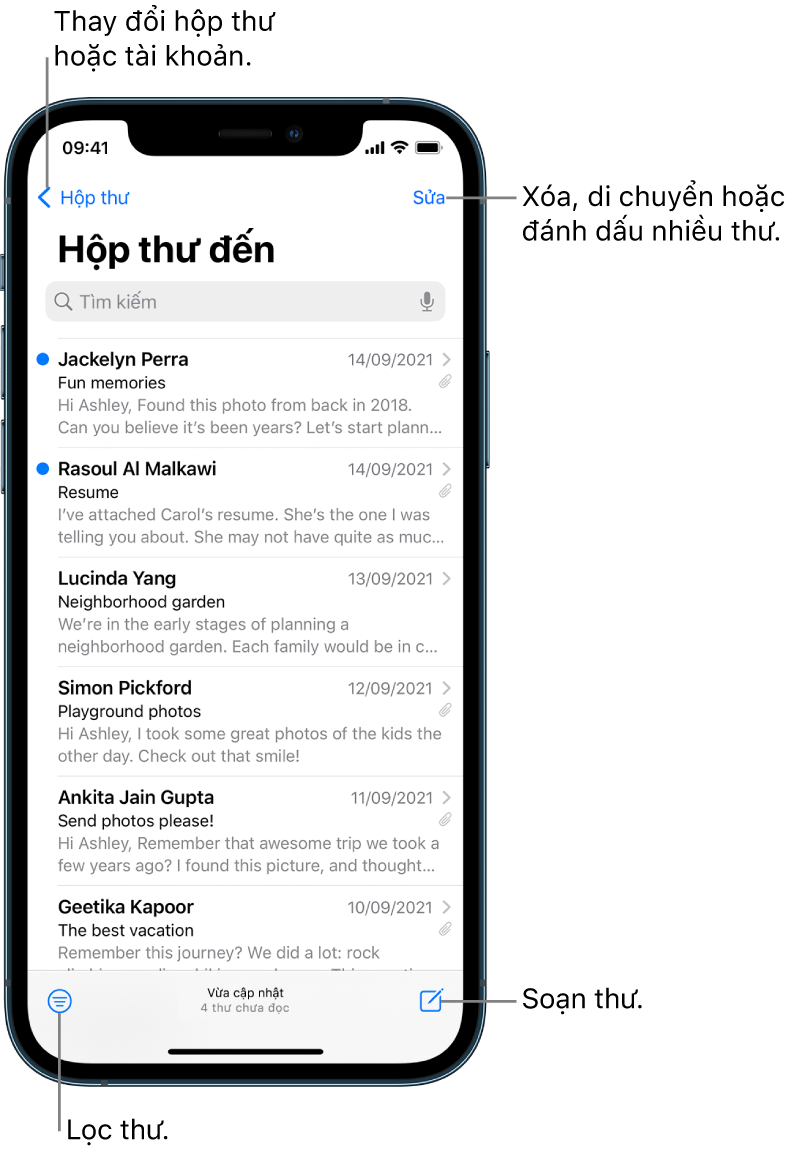 Hộp thư đến, đang hiển thị một danh sách các email. Nút Hộp thư để chuyển đổi sang một hộp thư khác nằm ở góc trên cùng bên trái. Nút Sửa để xóa, di chuyển hoặc đánh dấu email nằm ở góc trên cùng bên phải. Nút để lọc email sao cho chỉ các loại email nhất định hiển thị nằm ở góc dưới cùng bên trái. Nút để soạn một email mới nằm ở góc dưới cùng bên phải.