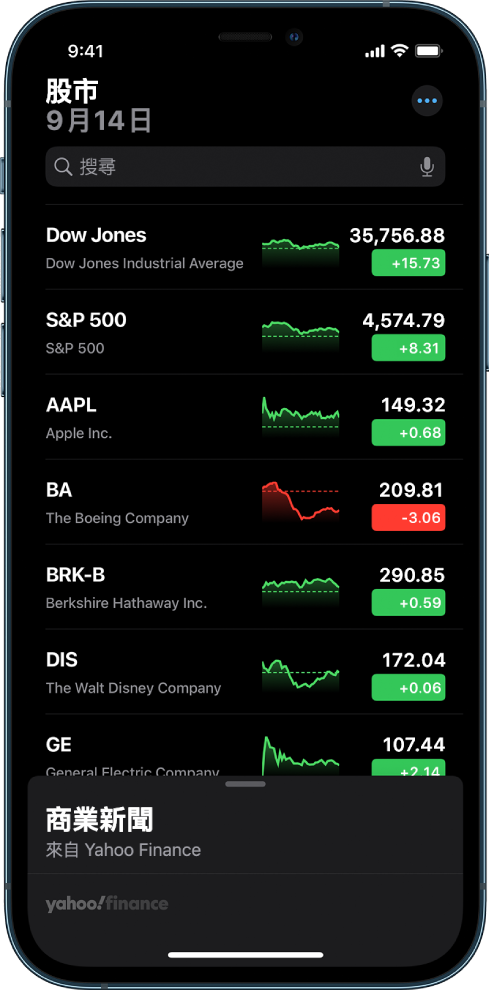 監察表顯示不同股票的列表。每一個顯示在列表的股票，由左到右，是股票代號和名稱、表現圖表及價格變化。螢幕最上方，在監察表上方的是搜尋欄位。監察表下方是「財經新聞」。在「財經新聞」向上掃來顯示報道。