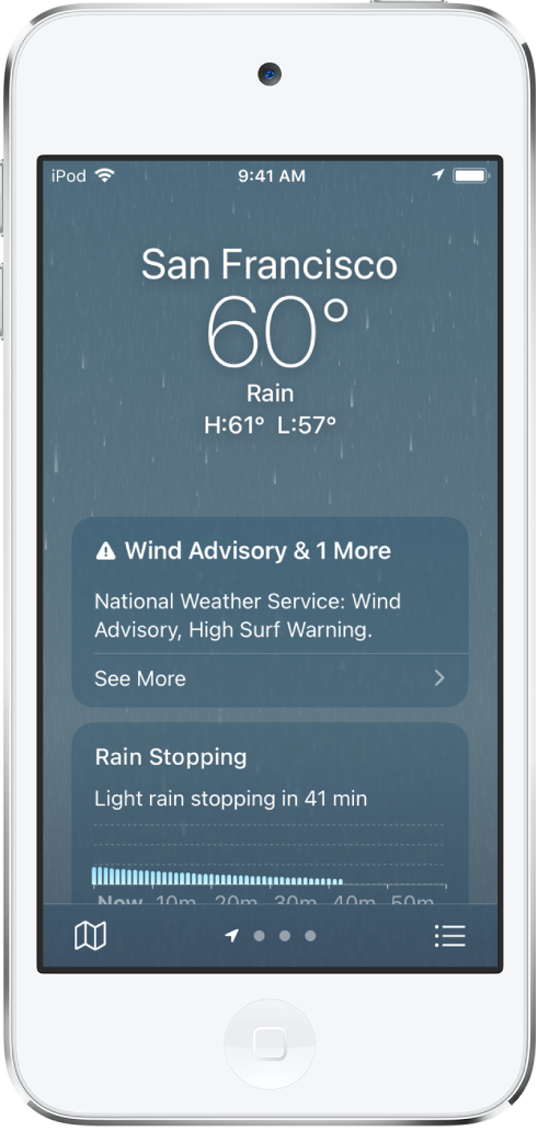 The Weather screen showing the location at the top, and the current temperature and weather condition, which is Rain. Below that is a chart showing the level of rainfall for the next hour in 10-minute increments. Below that is the hourly forecast and a precipitation map. At the bottom-right corner is the Location List button and in the bottom-left corner is the Show Map button.