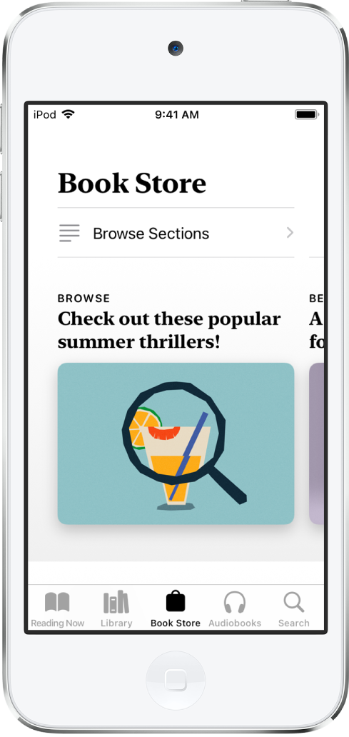 In the Books app, a screen in the Book Store. At the bottom of the screen are, from left to right, the Reading Now, Library, Book Store, AudioBooks, and Search tabs--the Book Store tab is selected. The screen also shows books and categories of books to browse and purchase.