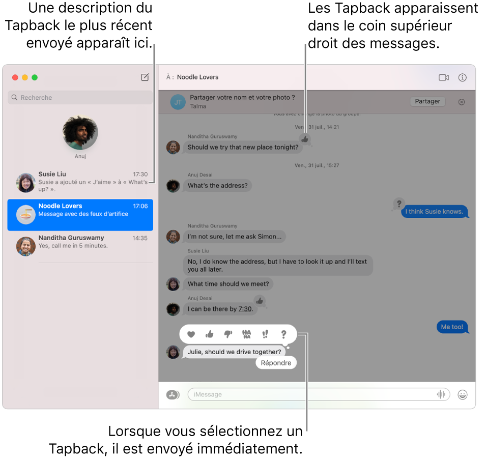 Une description du Tapback le plus récent envoyé dans une conversation apparaît dans la liste à gauche. Le Tapback du pouce pointant vers le haut apparaît dans le coin supérieur d’un message, indiquant que vous avez aimé le message. Un ensemble de choix de Tapback apparaît au-dessus d’un autre message. Cela comprend un cœur, un pouce pointant vers le haut, un pouce pointant vers le bas, « ha ha », des points d’exclamation et un point d’interrogation.