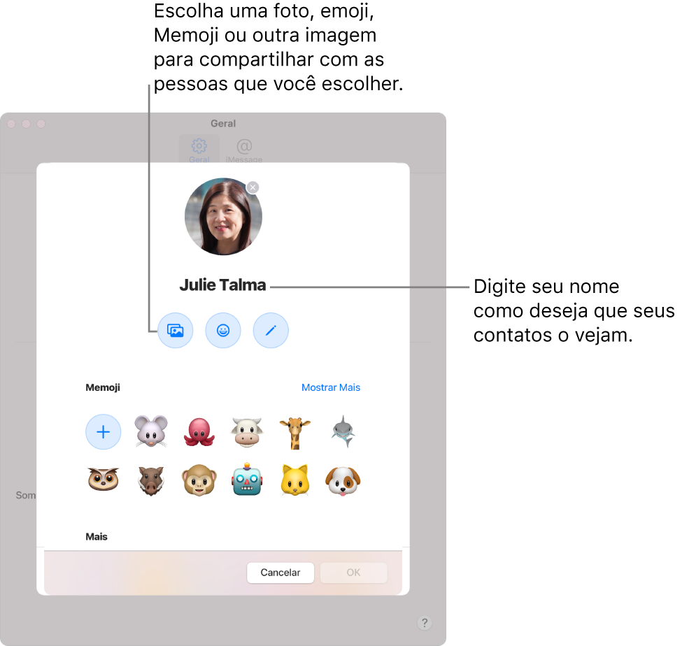 Ao configurar Compartilhar Nome e Foto, você pode escolher uma foto, emoji, Memoji ou outra imagem para compartilhar com quem você escolher. Além disso, digite seu nome como quiser que seus contatos vejam.