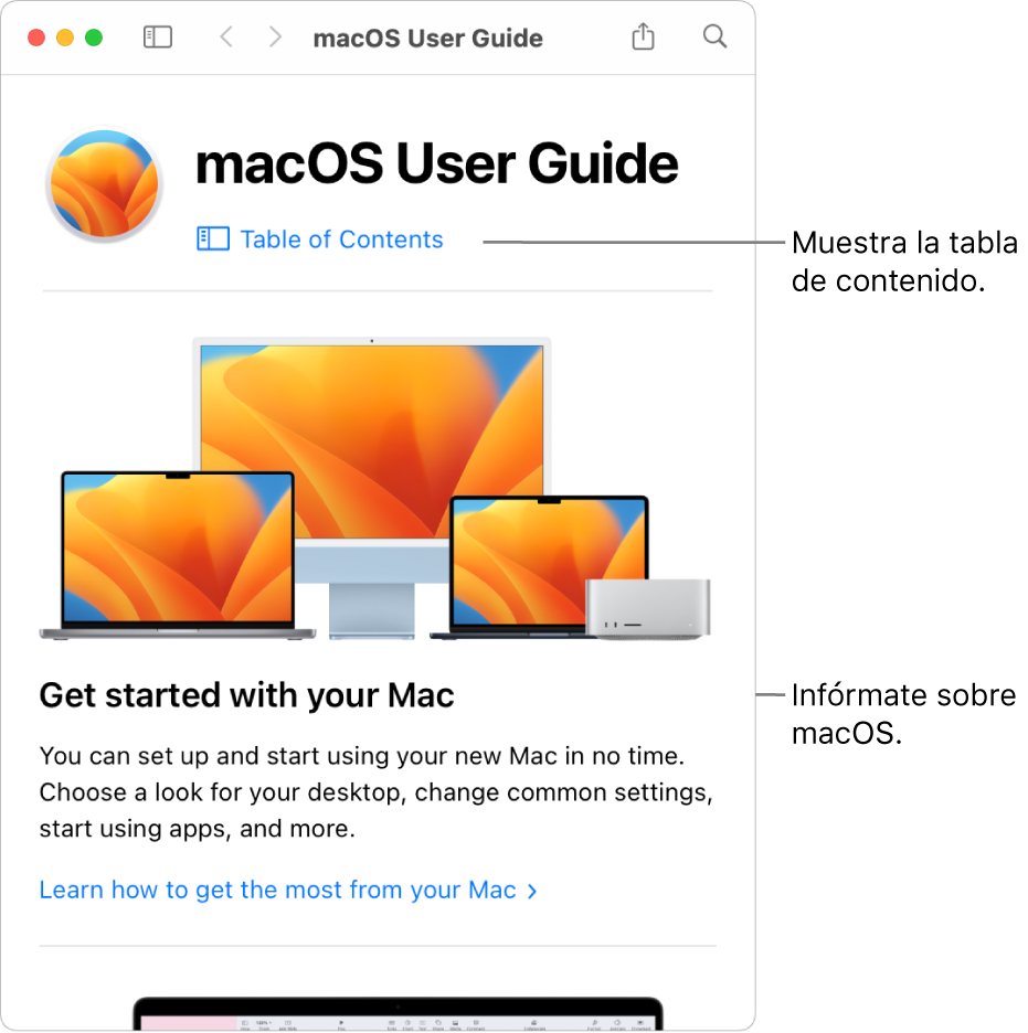 Página de bienvenida del Manual de uso de macOS con el enlace de la tabla de contenido.