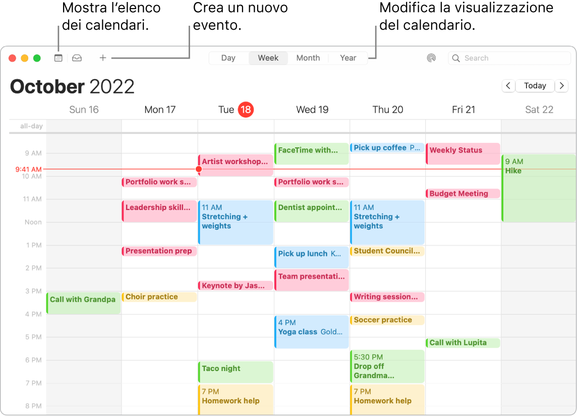 Una finestra di Calendario che mostra l'elenco dei calendari, come creare un evento e come scegliere la vista Giorno, Settimana, Mese o Anno.