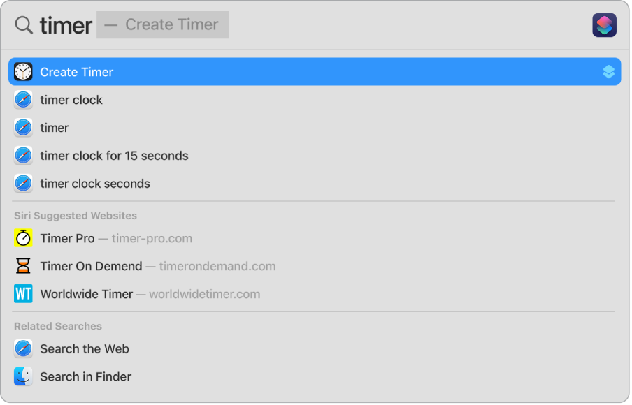包含“计时器”的“聚焦”搜索，显示使用快速操作创建计时器的结果。