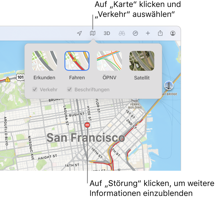 Karte von San Francisco mit angezeigten Kartenoptionen, dem ausgewählten Feld „Verkehr“ und den Verkehrsereignissen auf der Karte.