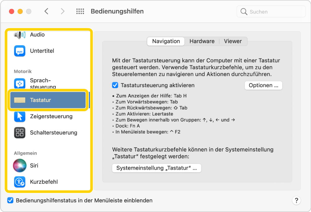 Der Bereich „Tastaturnavigation“ in der Systemeinstellung „Bedienungshilfen“ mit der aktivierten Option „Tastatursteuerung“. In der Liste mit Bereichen in der Seitenleiste ist die Option „Tastatur“ fokussiert und von der Tastatursteuerung hervorgehoben.