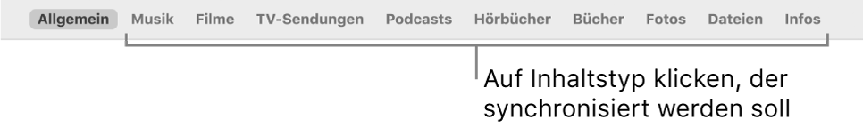 Die Symbolleiste mit der Taste „Allgemein“ und den Tasten für Inhalte wie Musik, Filme, TV-Sendungen usw.
