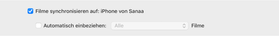 Das Feld „Filme synchronisieren auf: [Gerät]“ ist ausgewählt. Darunter ist das Feld „Automatisch einbeziehen“ aktiviert und im Einblendmenü ist die Option für alle Geräte ausgewählt.
