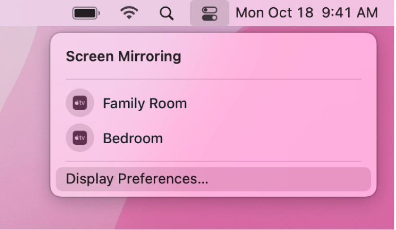 Screen mirroring options, including Apple TV, listed in Control Center.