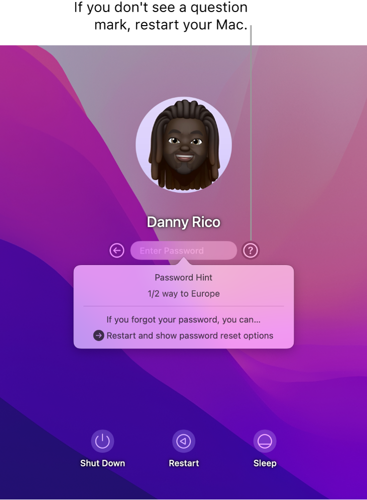 The Mac login screen, showing your password hint and instructions for resetting your password.