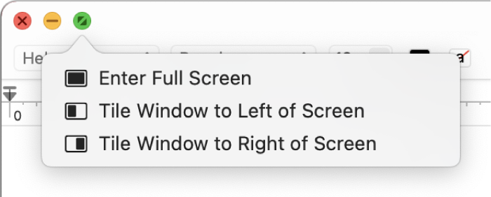 The menu that appears when you move the pointer over the green button in the top-left corner of a window. Menu commands from top to bottom include: Enter Full Screen, Tile Window to Left of Screen, Tile Window to Right of Screen.