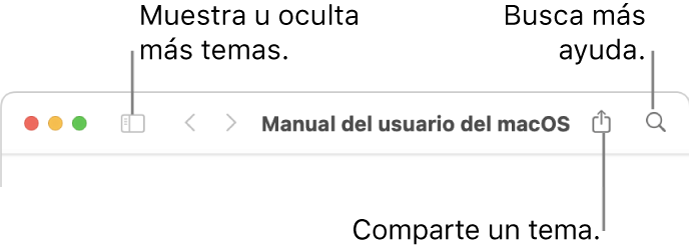 Una ventana de ayuda mostrando en la barra de herramientas los botones para ocultar o mostrar la tabla de contenido y compartir un tema, y el campo de búsqueda para buscar temas.