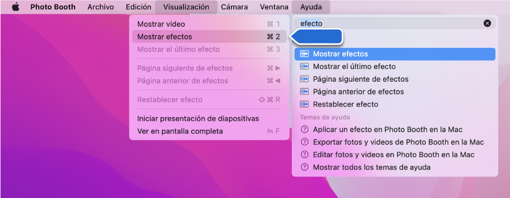 El menú de ayuda de Photo Booth con un resultado de búsqueda para un elemento del menú seleccionado y una flecha apuntando al elemento en los menús de la app.