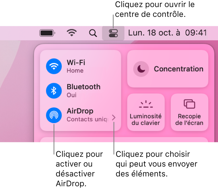 Une fenêtre du Centre de contrôle affichant les commandes qui permettent d’activer ou de désactiver AirDrop, et de choisir les personnes autorisées à vous envoyer des éléments.