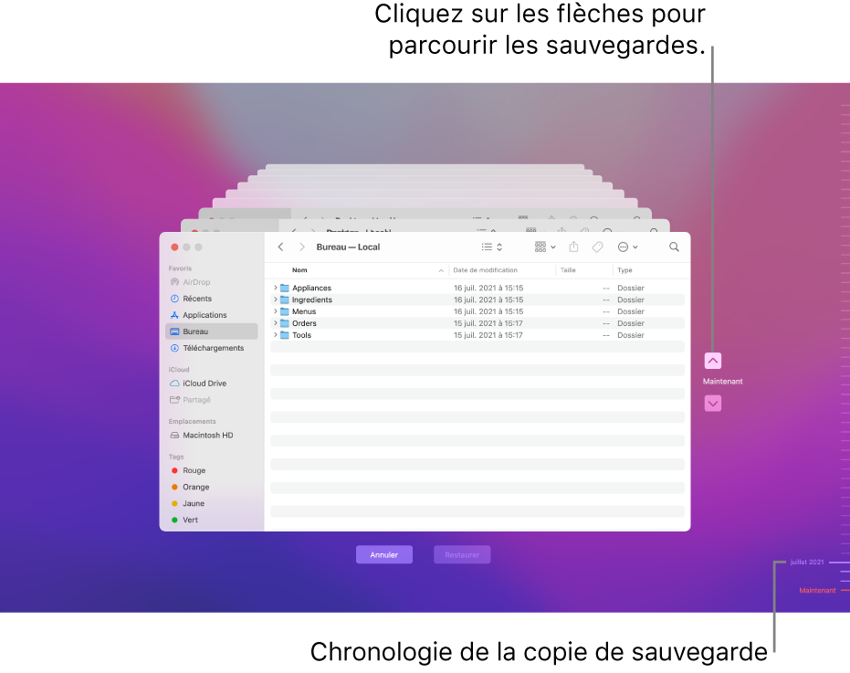 Lorsque vous ouvrez Time Machine, un écran flou s’affiche avec plusieurs écrans du Finder empilés pour représenter les sauvegardes. Cliquez sur les flèches pour parcourir vos sauvegardes (ou cliquez dans la chronologie de sauvegarde située à droite) et choisissez les fichiers à restaurer.