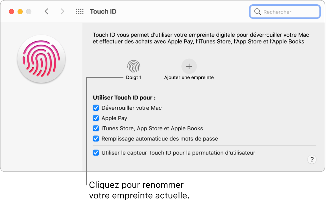 La sous-fenêtre des préférences « Touch ID » indiquant qu’une empreinte est prête à être utilisée pour déverrouiller le Mac.