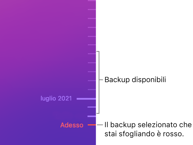 Linee che indicano i backup nella timeline. Il segno di spunta rosso indica il backup che stai sfogliando.