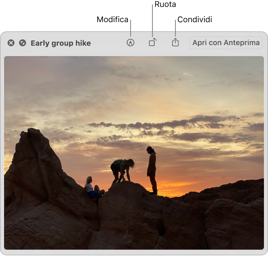 Immagine nella finestra di Visualizzazione rapida con pulsanti per modificare, ruotare o condividere l'immagine, o per aprirla nell'app Anteprima.