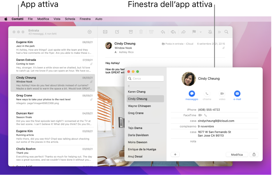 Esempio di scrivania con più finestre aperte ma una sola app attiva.