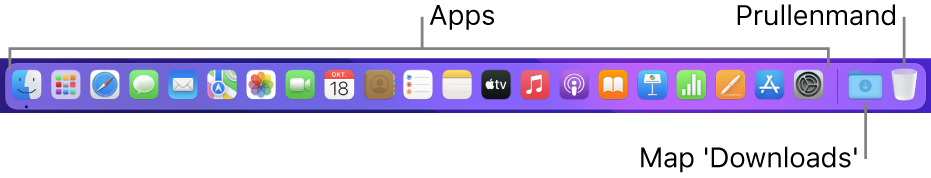 Het Dock met symbolen voor apps, de stapel 'Downloads' en de prullenmand.