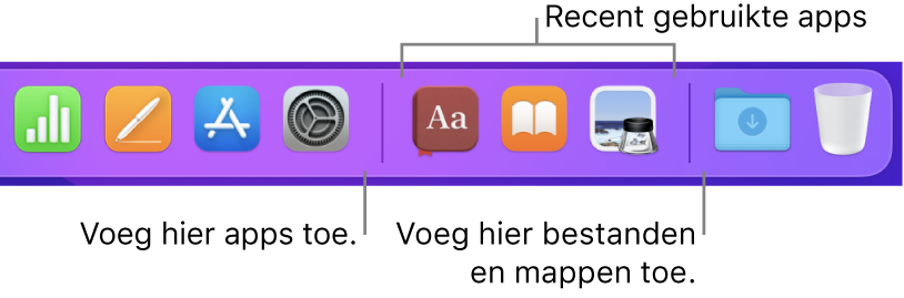 De rechterkant van het Dock met de scheidingslijnen links en rechts van het gedeelte met recent gebruikte apps.