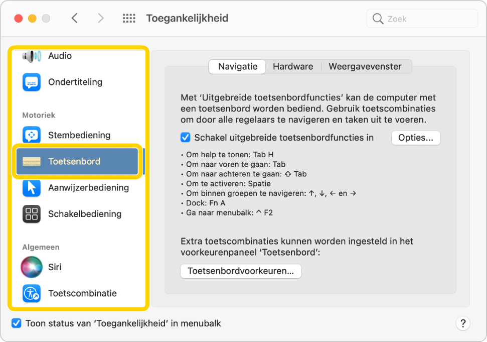 Het paneel 'Navigatie' van het paneel 'Toetsenbord' in Systeemvoorkeuren, waarin uitgebreide toetsenbordfuncties zijn ingeschakeld. In de lijst met panelen in de navigatiekolom heeft 'Toetsenbord' de focus. Dit onderdeel is met behulp van uitgebreide toetsenbordfuncties gemarkeerd.