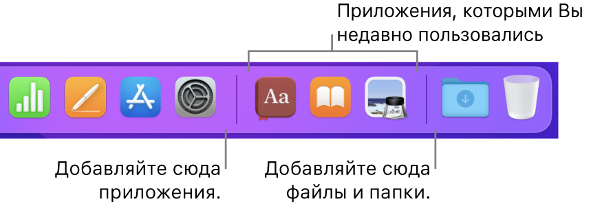 Правый конец панели Dock. Показаны разделительные линии до и после раздела недавно использованных приложений.