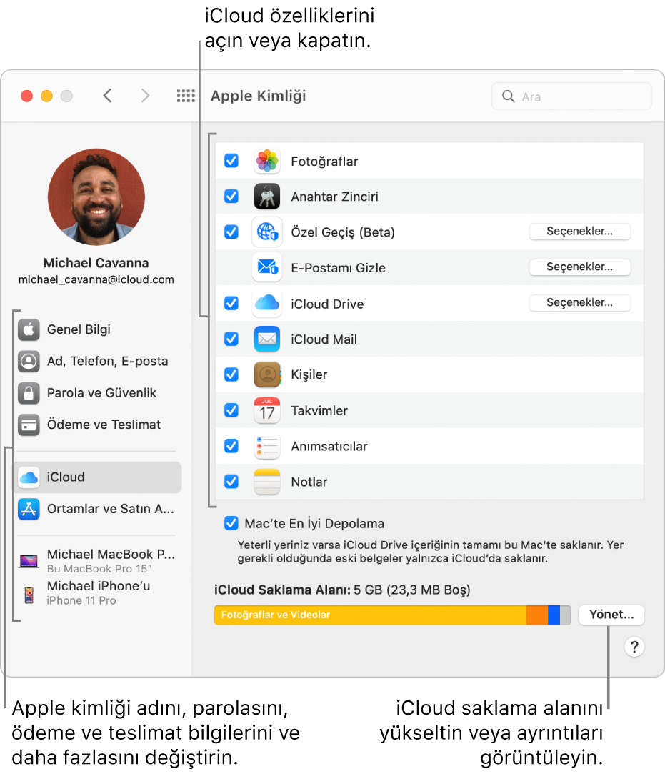 Tüm özelliklerin seçildiği iCloud tercihleri.