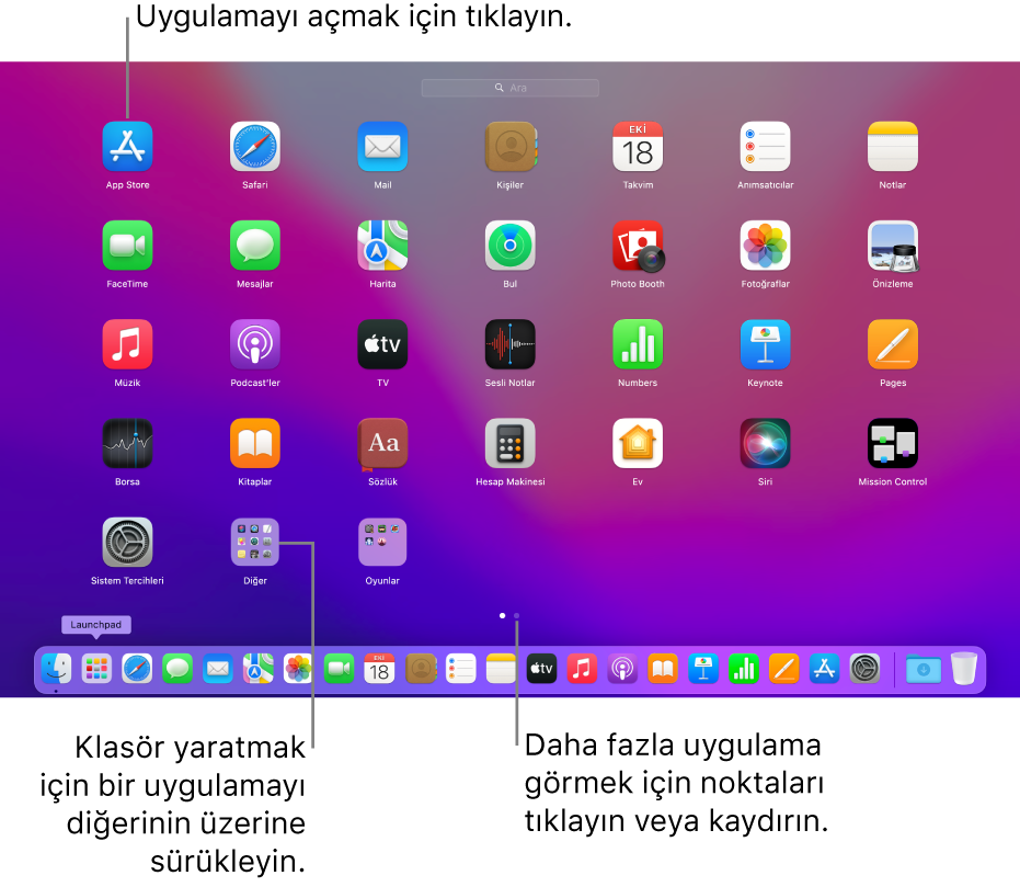 Açabileceğiniz uygulamaları gösteren Launchpad.