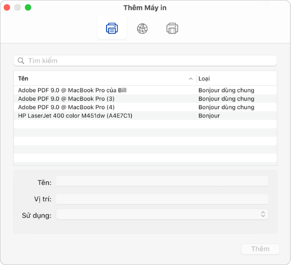 Hộp thoại Thêm máy in đang hiển thị các tùy chọn mặc định để chọn máy in và thêm tên, vị trí cũng như menu bật lên Sử dụng để chọn loại máy in.