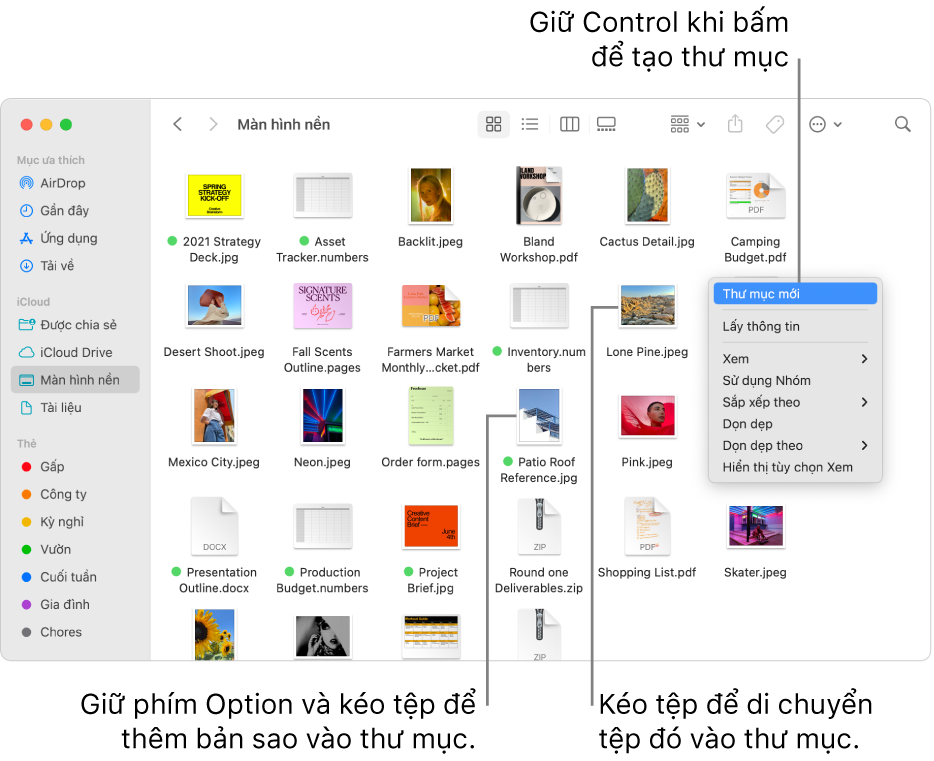 Cửa sổ Finder chứa các tệp và thư mục. Trong menu phím tắt, Thư mục mới được tô sáng.