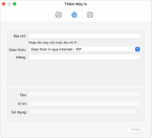 Hộp thoại Thêm máy in đang hiển thị các tùy chọn IP để thiết lập máy in bằng giao thức IP.