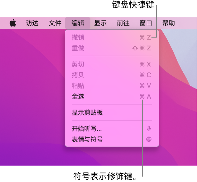 “访达”中的“编辑”菜单已打开；键盘快捷键显示在菜单项旁边。