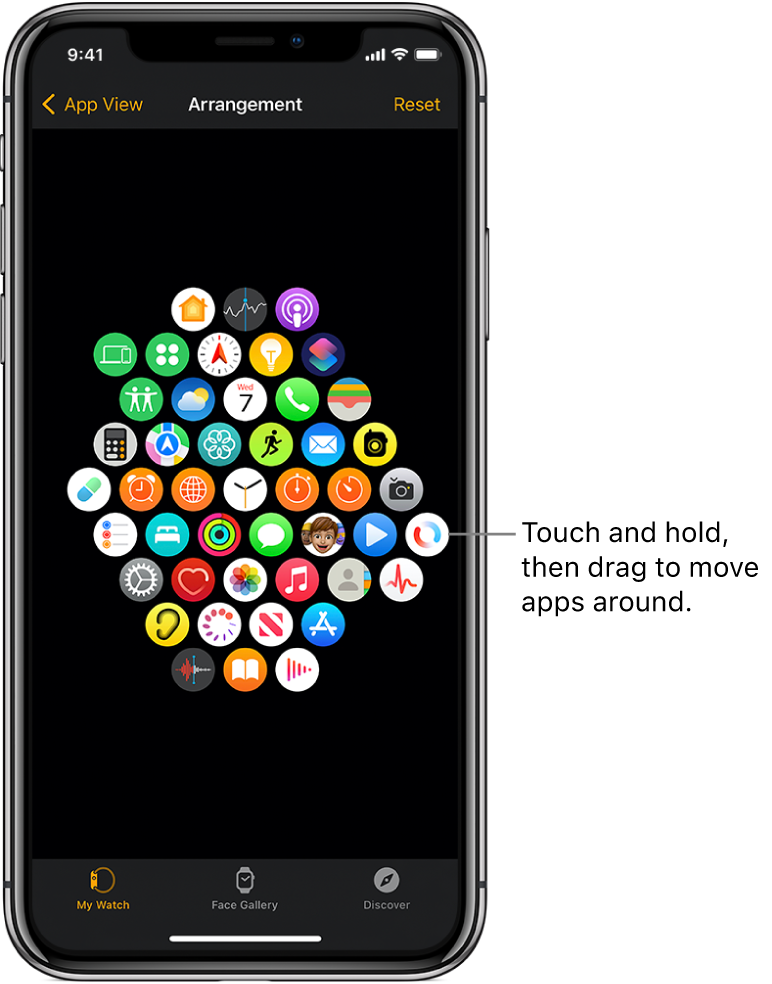 The Arrangement screen in the Apple Watch app showing a grid of icons.