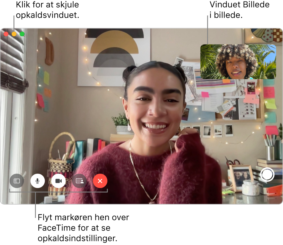 Flyt markøren over FaceTime-vinduet for at se knapperne Indholdsoversigt, Lydløs, Sæt video på lydløs, Del skærm, Slut opkald og Live Photo. Klik på den midterste knap i øverste venstre hjørne for at skjule opkaldsvinduet. Billede i billede-vinduet vises i øverste højre hjørne.