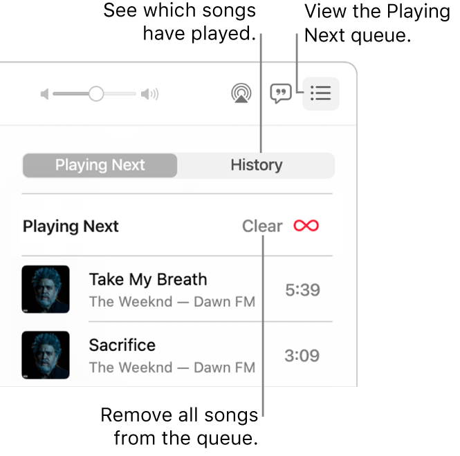 The top-right corner of the Music window with the Playing Next button in the banner showing the Playing Next queue. Click the History link to see the previously played songs. Click the Clear link to remove all songs from the queue.