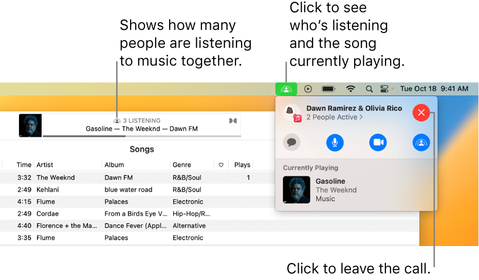 The Apple Music window with a song playing while using SharePlay. The playback window shows how many people are listening to music together. On the right, the SharePlay icon is clicked and you can see who’s listening and the song that’s currently playing. Below that, you can click the Close button.